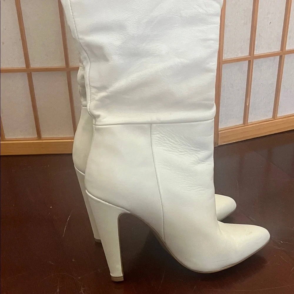 White Leather At-the-Knee Stiletto Boots